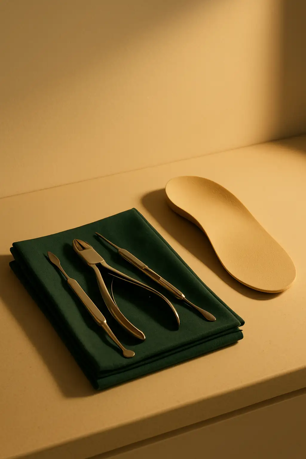 A podiatry working bench in warm light: steel instruments resting on deep green linen beside a pale orthotic insole, against a bone-cream wall