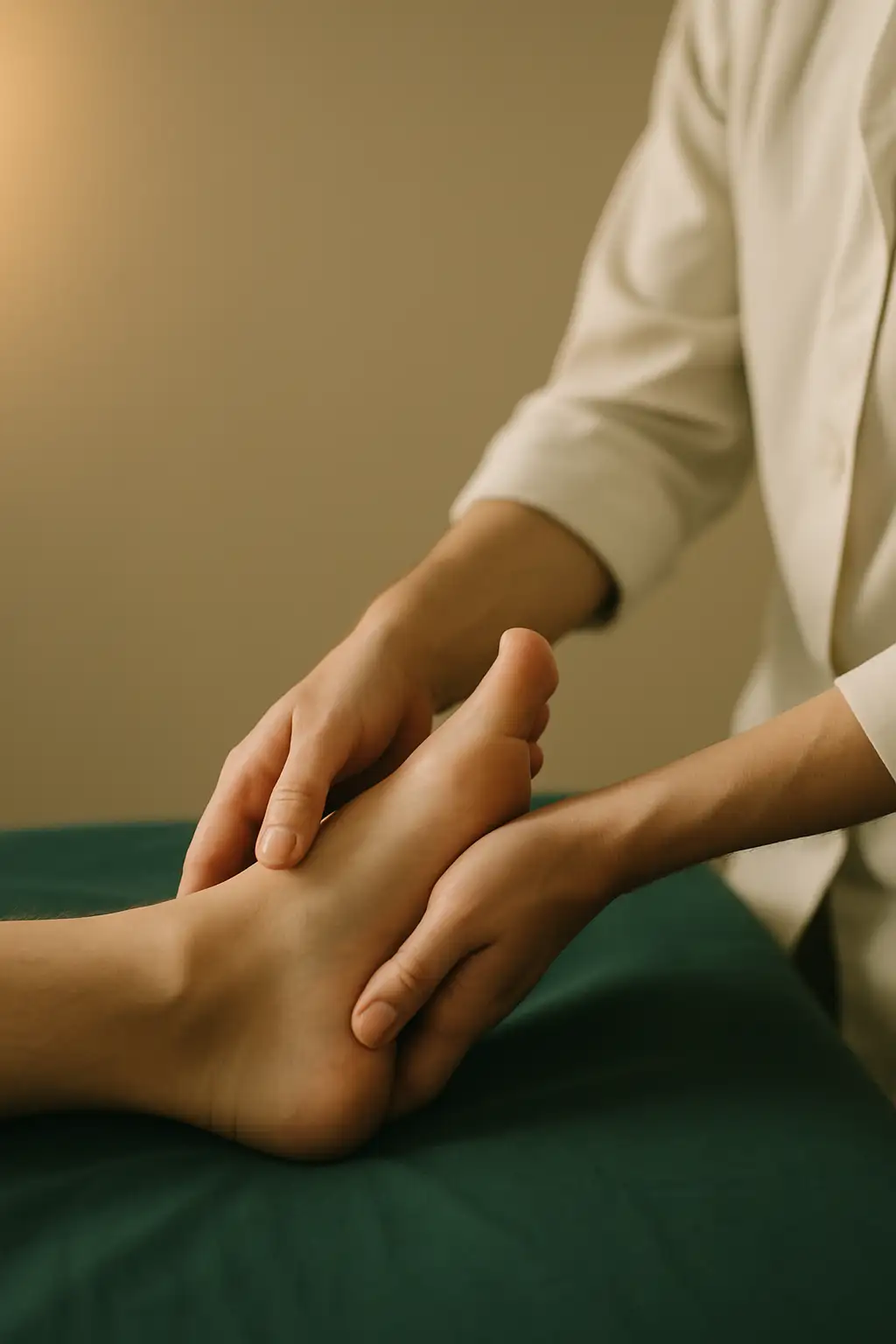 A podiatrist's hands gently cradling a patient's bare heel during an assessment, deep green linen beneath the foot and warm light across a bone-cream room