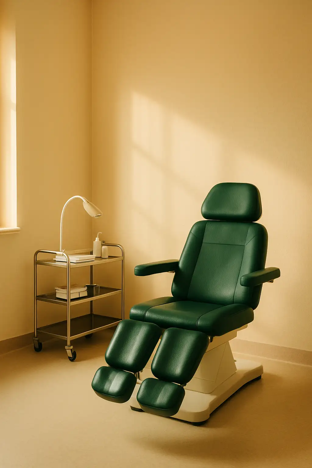 An empty, calm podiatry treatment room: a reclined treatment chair with deep green upholstery, a neat steel trolley, morning light on bone-cream walls